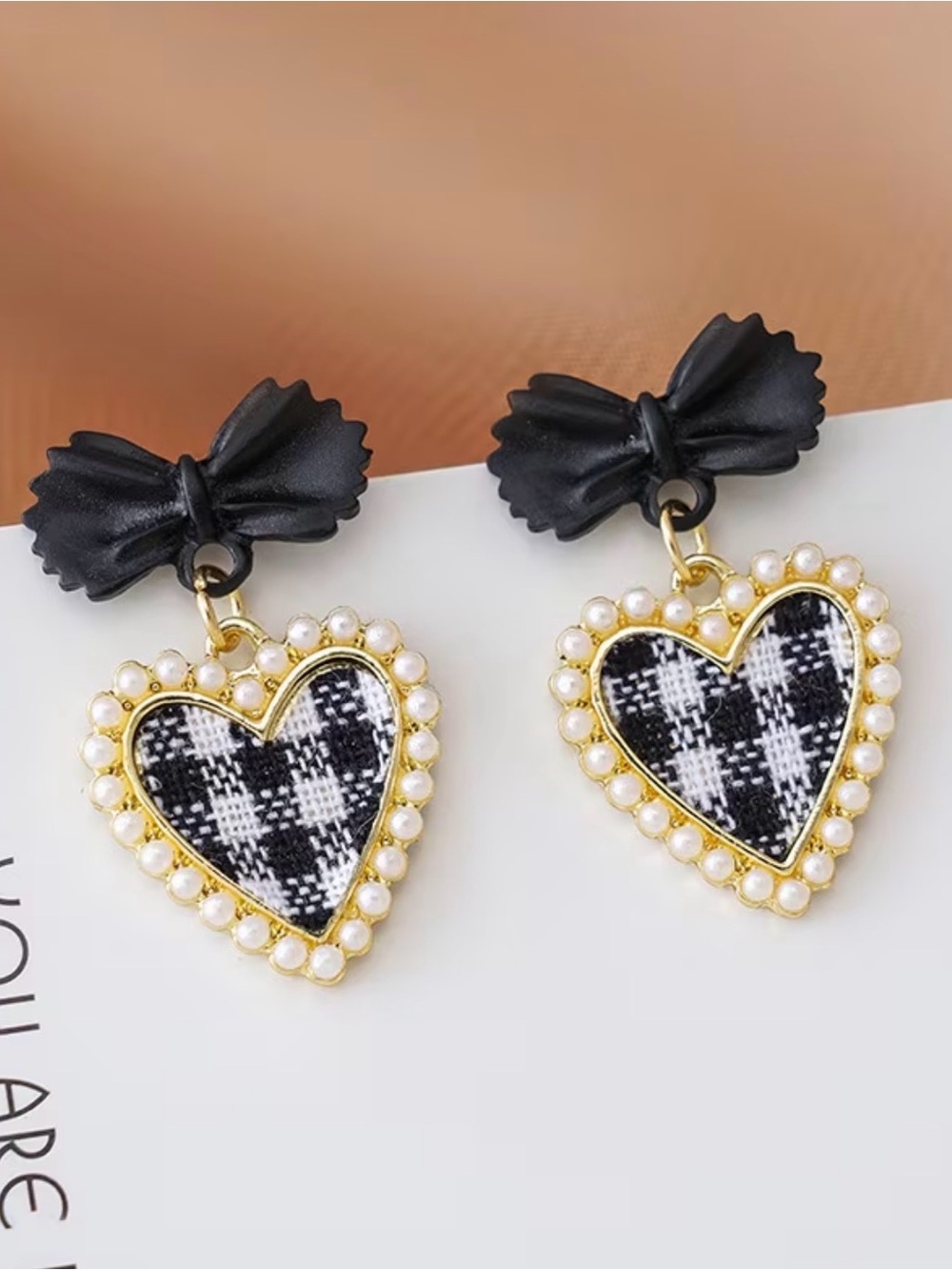 Black Bow Heart Pearl Drop Earrings - Women Jewelry